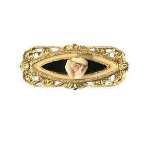VTG Gold Tone Bar Brooch Victorian Filigree Black Enamel Rose Flower